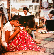 Girls in a factory etching lacquer ware (6x6 Fujichrome Velvia 100F)