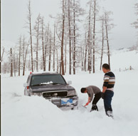 We had to dig our car out of deep new snow no less than 20 times on the road from BaiHaBa to HaBaHe (501c Ektar 100)